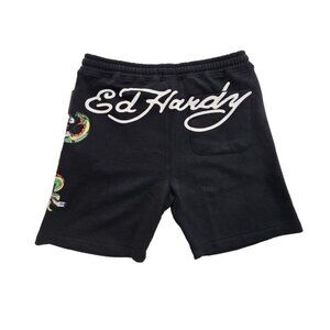 Ed Hardy Fleece Signed Graffiti Shorts Men's L Large Black Elastic NWT 7" Inseam